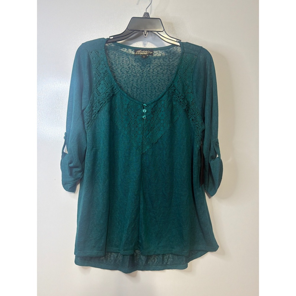 Absolutely Famous Teal Green Lace Crochet Roll Tab Sleeve Knit Top Large NWT